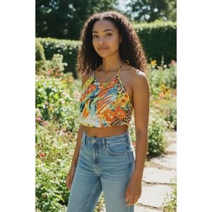 Akira Chicago Halter Top Women Large Multi Color Excellent Tropical Leopard